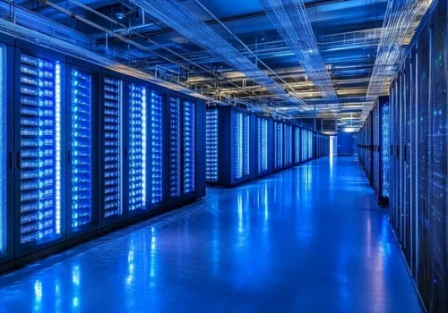 A high-tech server rack glowing with blue security lines.