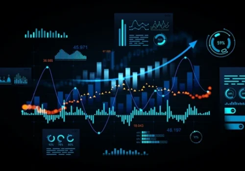 A modern dashboard with glowing graphs on a dark glass screen.