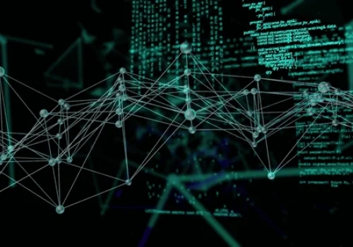 Abstract lines of code transforming into a 3D architectural structure.